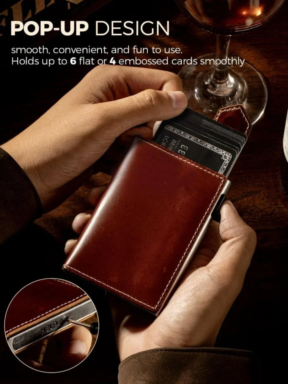 Minimalist RFID Blocking Slim Wallet for Men - Full Grain Leather, Pop Up Card